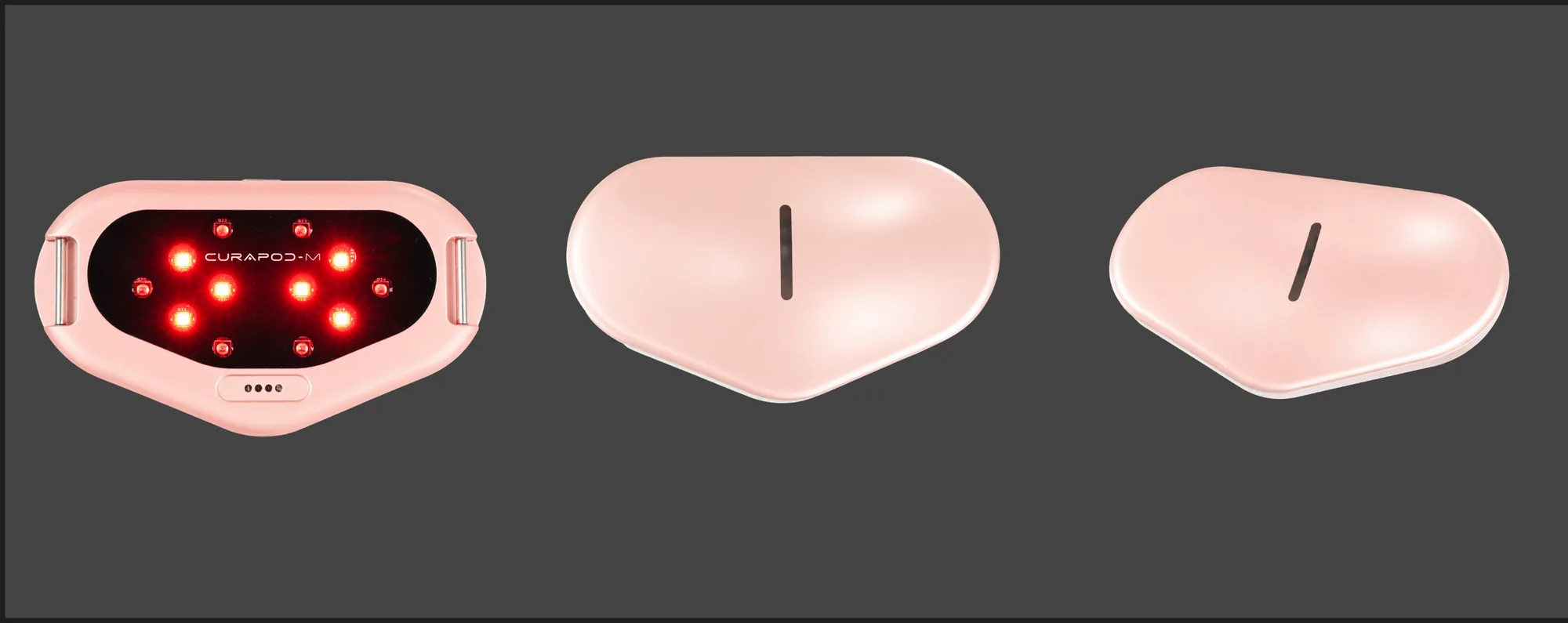 The Curapod-M light therapy device for period pain in three views: the LED side with the CURAPOD-M name, the top with its single slot, and a three-quarter view.