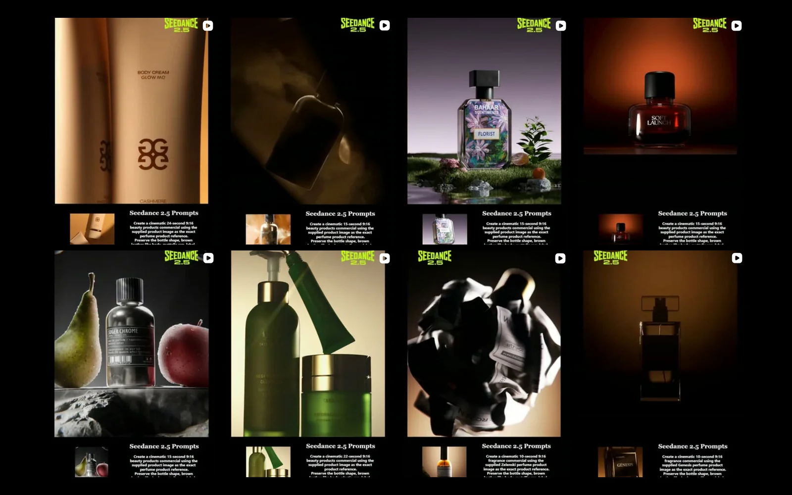 A selection of actionables.ai Instagram Reels featuring AI-generated product commercials