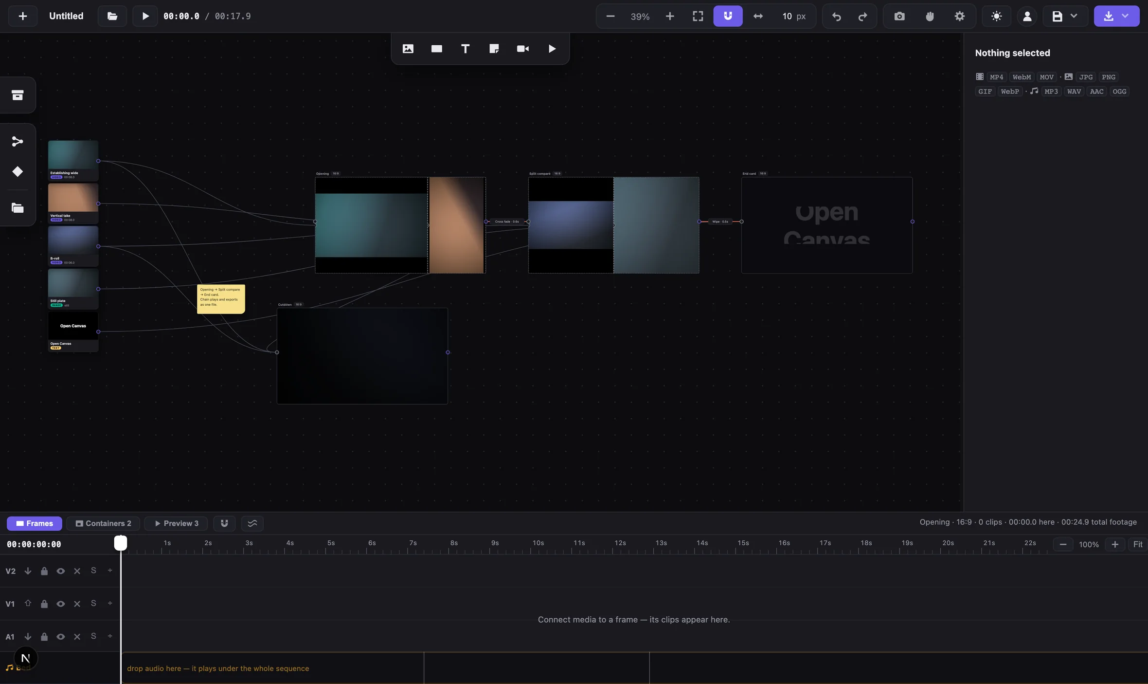 Open Canvas editor showing connected media nodes and video frames