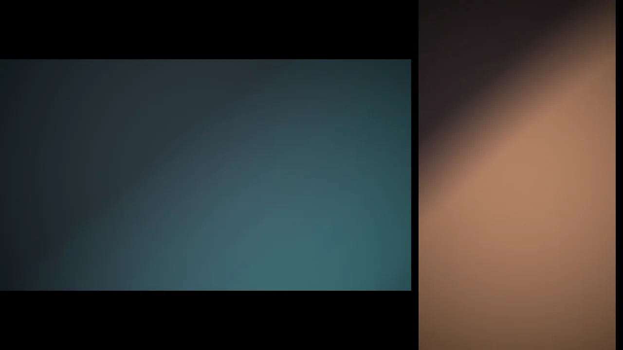 Rendered frame: a wide teal clip letterboxed in the main area, with a vertical warm-toned clip filling a narrow panel on the right.