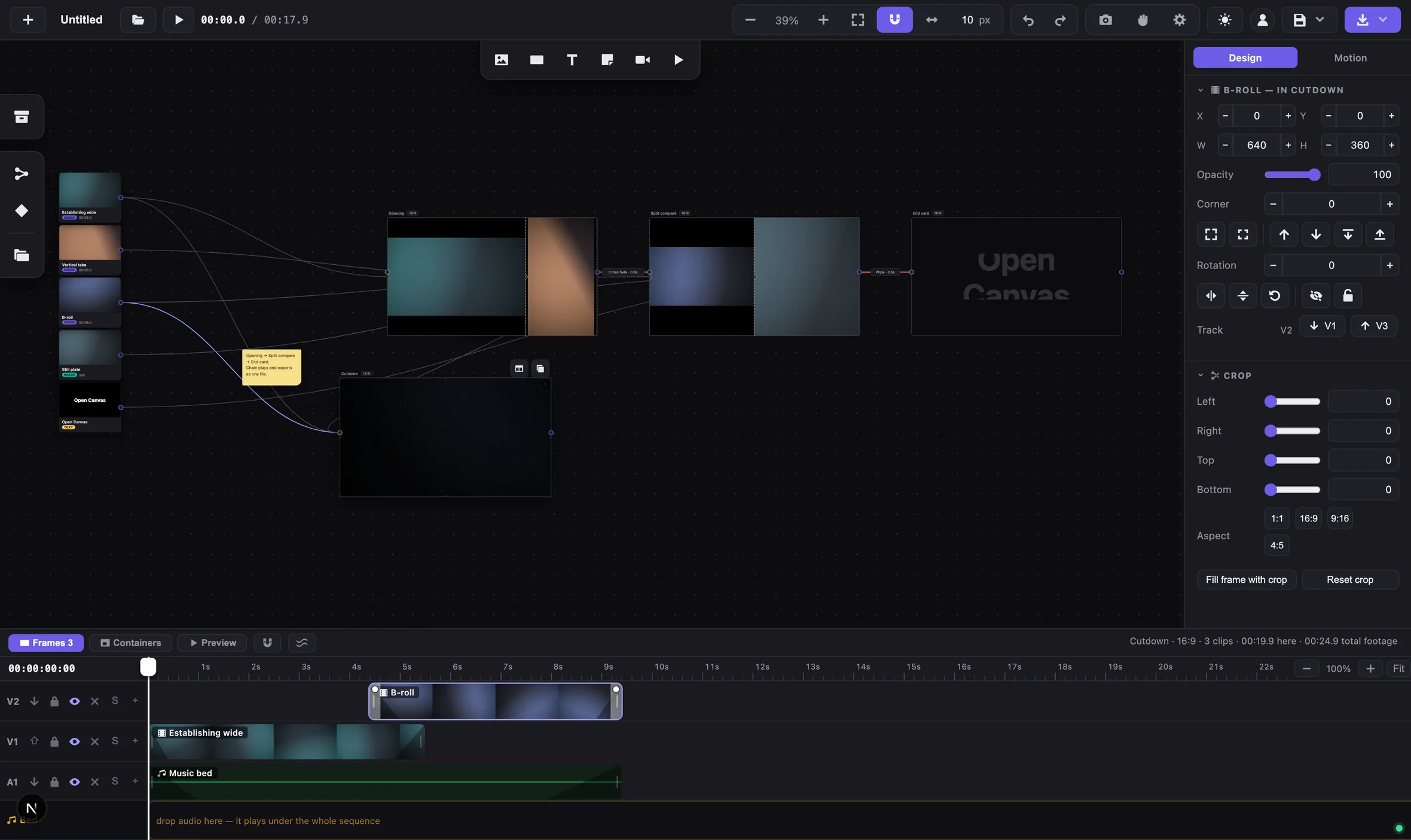 The timeline: a B-roll clip on track V2, an Establishing wide clip with visible fade ramps on V1, and a Music bed audio clip with a waveform on A1.