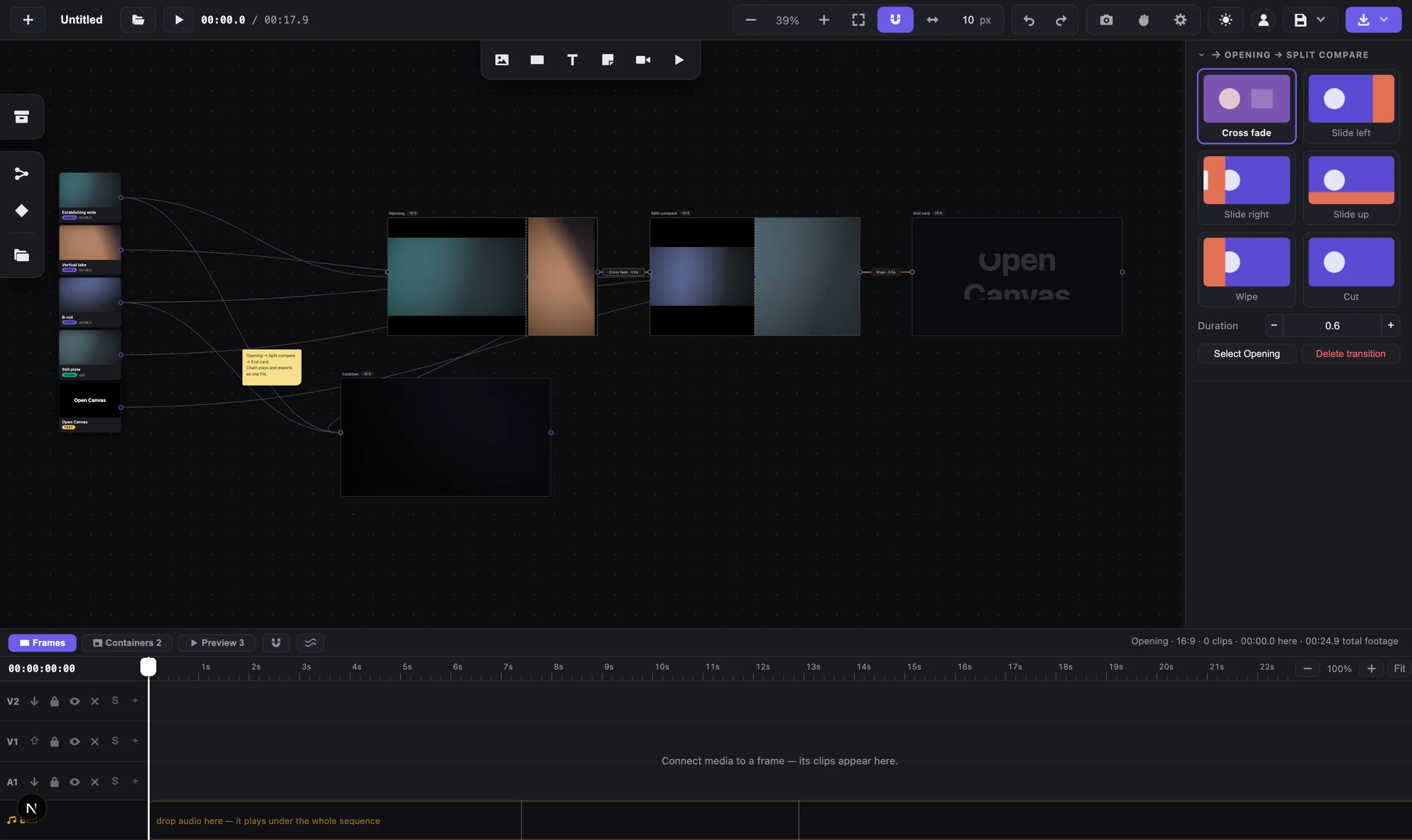 A transition selected between two frames, with a picker offering cross fade, slide left, slide right, slide up, wipe and cut.