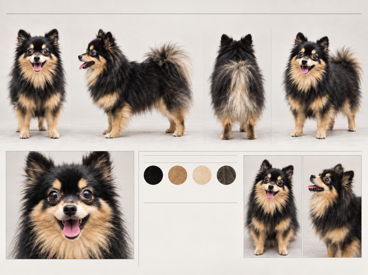 Sheena’s character sheet, showing her proportions, coat colors, and multiple views.